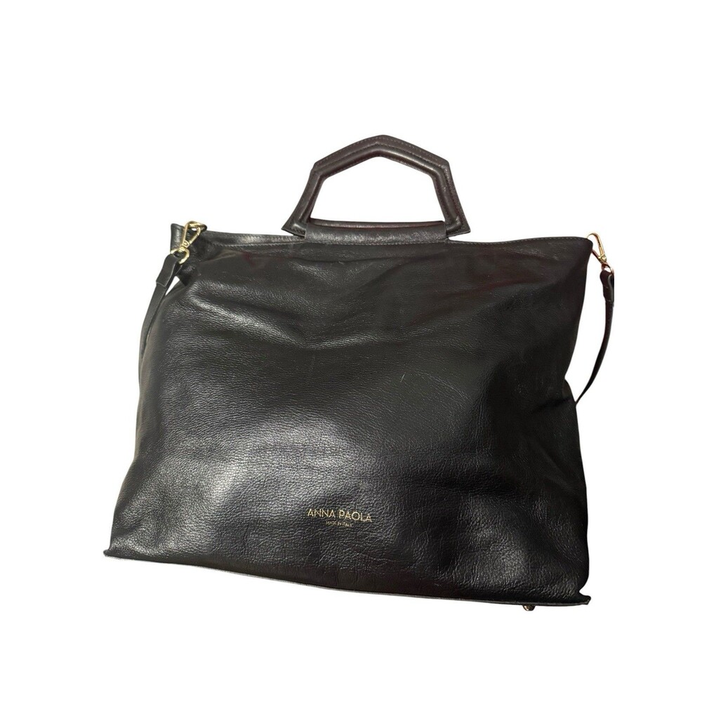 Anna Paola Bonnie Black Italian Leather Convertible Tote Satchel Crossbody Bag
